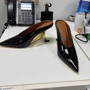 High Heels Mule Women Wedge Pointed Toe Party Dress Ladies Shoes -Black patented